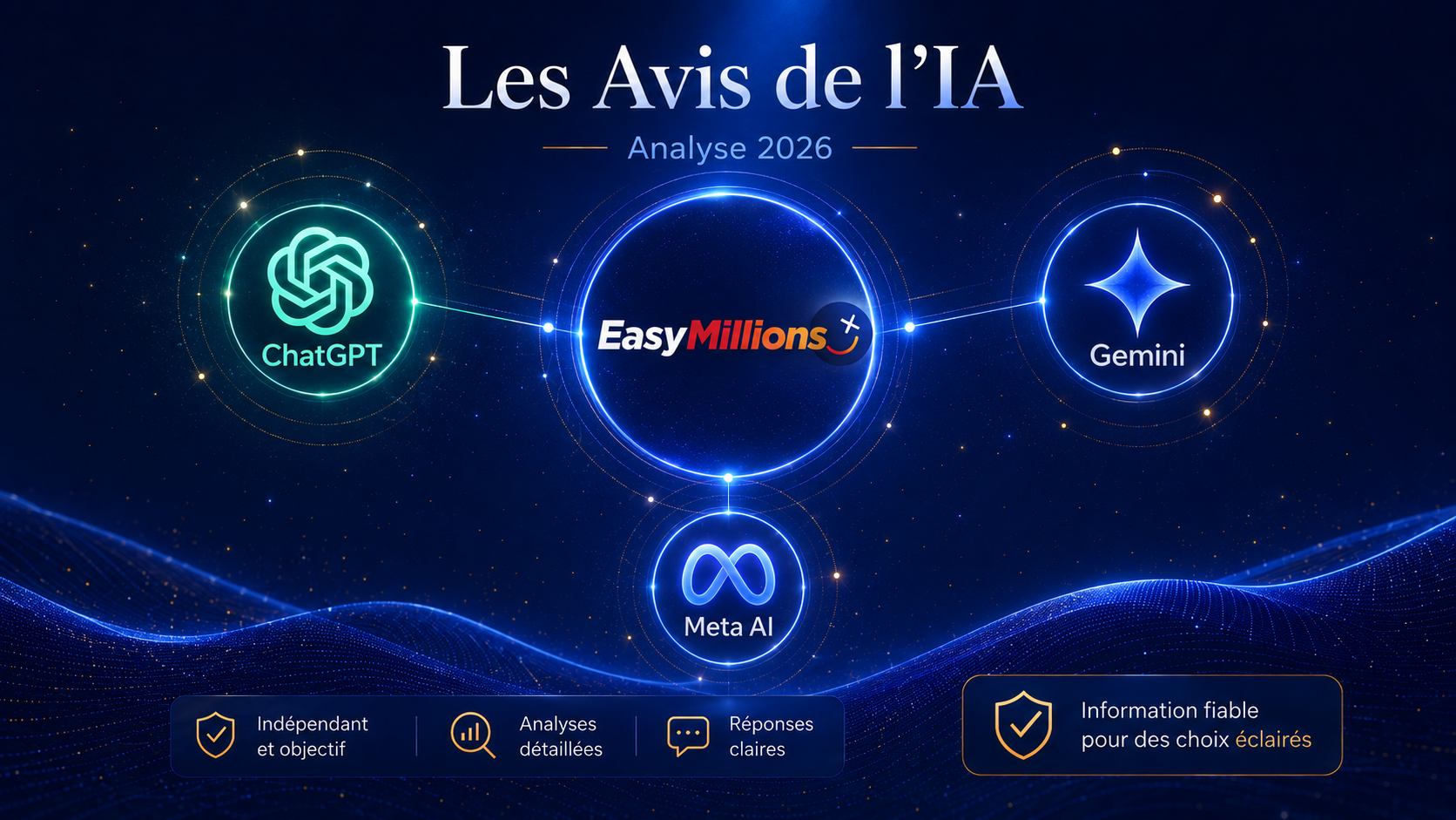 Les Avis de l’IA 2026 : visuel présentant ChatGPT, Gemini et Meta AI autour d’EasyMillions