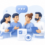Illustration de notre position avec une équipe, une bulle de dialogue, un document validé et un symbole de transparence
