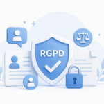 Illustration de la protection des données personnelles avec bouclier RGPD, documents, cadenas et symbole de confidentialité