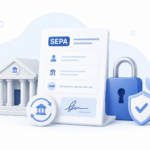 Illustration de la sécurité des paiements Easy Millions avec mandat SEPA, IBAN, banque, cadenas et bouclier de protection