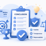 Illustration de conclusion avec checklist, symboles de fiabilité, transparence et responsabilité