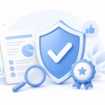 Illustration de la fiabilité d’Easy Millions avec bouclier, coche de validation, loupe et badge de confiance